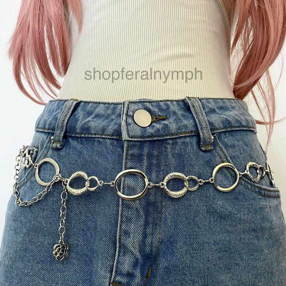 Silver Y2K Open Circle Textured Festival Chain Belt, Fits 26-41 Inches, X7GA1526